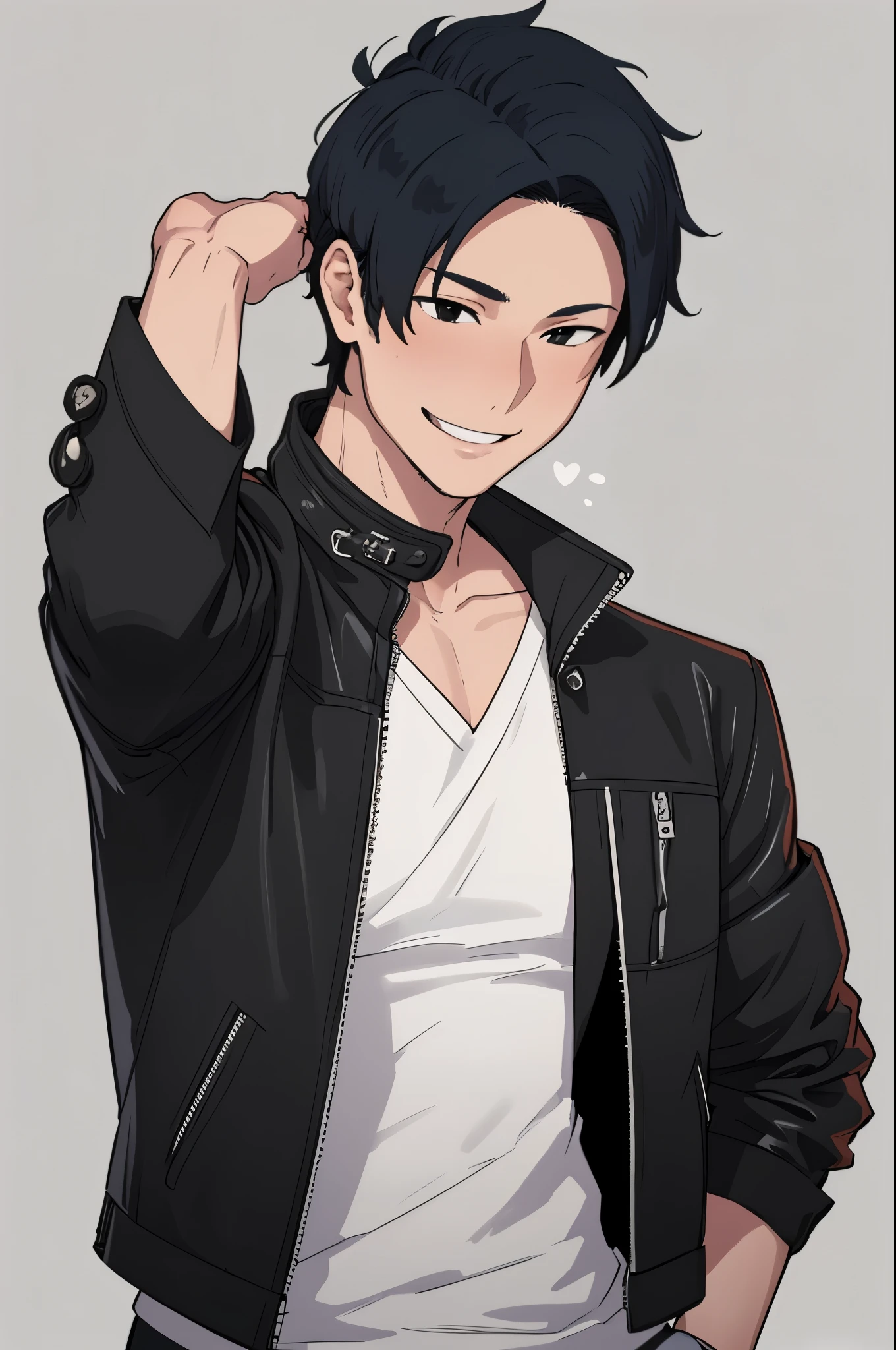 masterpiece, best quality, ntrman, 1boy, solo focus, age boy, black hair, spiky short hair, jet black eyes, healthy complexion, youthful smile, muscular frame, black leather jacket, white undershirt, upper body shot, simple background
