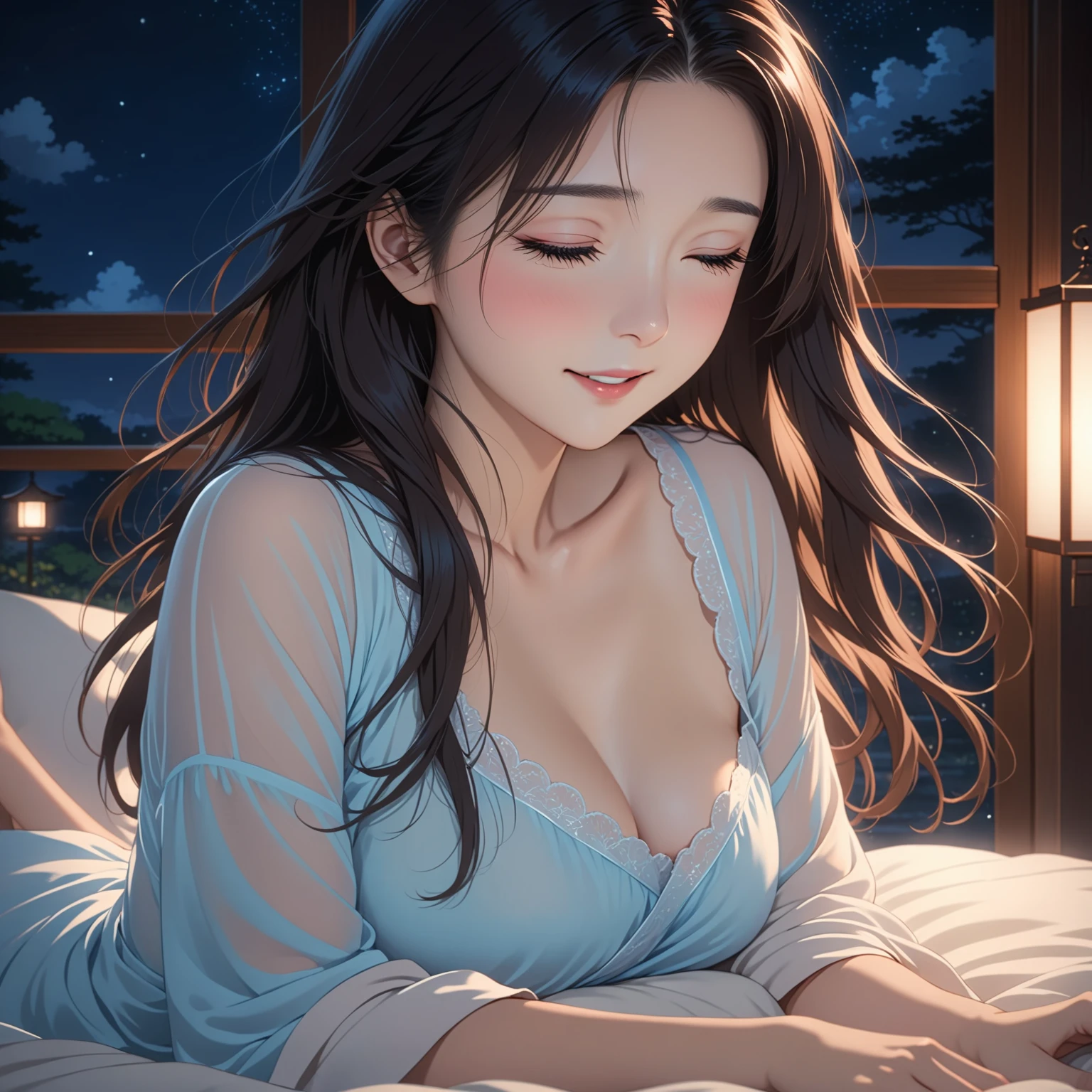 masterpiece, High resolution, illustration, kyoto animation style, cinematic style, night, midnight, Light, (1 female: 1.3), (alone: 1.4), long eyelashes, long hair, hair blowing, nose blushing, futon, sexy, happiness, semi-transparent nightdress, mid breasts, face close-up, hide with hands, full gorgeous body view.