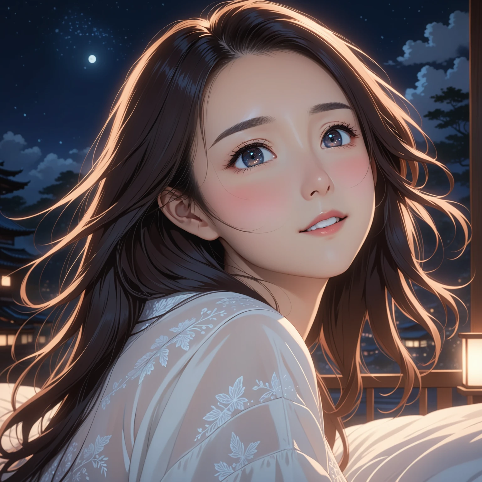 masterpiece, High resolution, illustration, kyoto animation style, cinematic style, night, midnight, Light, (1 female: 1.3), (alone: 1.4), long eyelashes, long hair, hair blowing, nose blushing, futon, sexy, sensual, transparent nightdress, mid breasts, face close-up, hide with hands, full gorgeous body view.