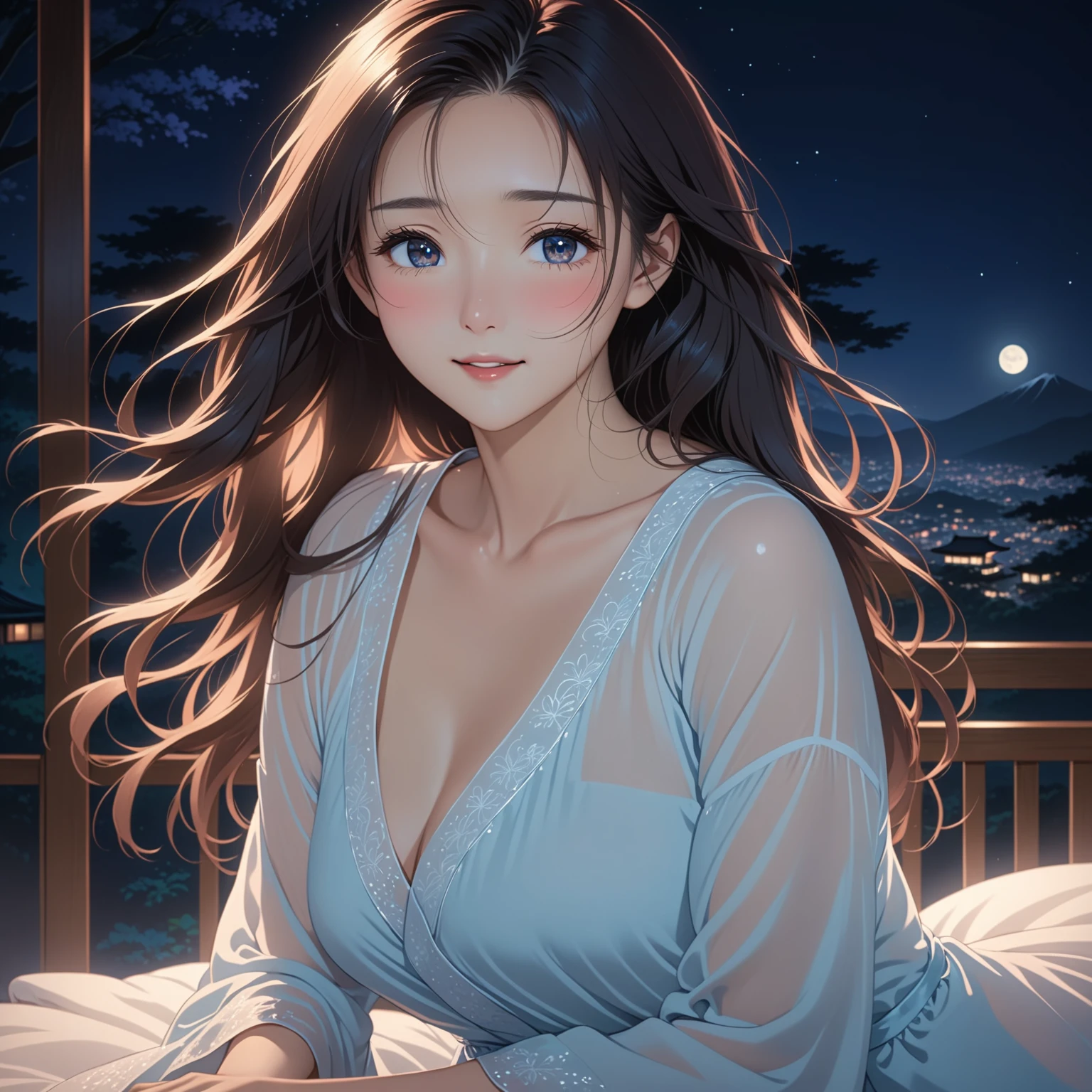 masterpiece, High resolution, illustration, kyoto animation style, cinematic style, night, midnight, Light, (1 female: 1.3), (alone: 1.4), long eyelashes, long hair, hair blowing, nose blushing, futon, sexy, happiness, semi-transparent nightdress, mid breasts, face close-up, hide with hands, full gorgeous body view.