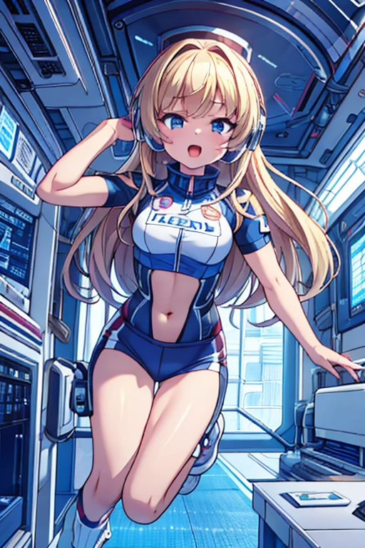 top-quality,Top image quality,in 8K,4K,​masterpiece,ultra-detailliert,Beautiful,ultra-quality, best quality,high resolution, ultra-detailed,game cg,dutch angle,(acrobatic pose):5,jumping:5,(inside spacestation,)beautiful detailed eyes,five fingers,headphone,nsfw,a beauty girl,(astrovest):5,(track uniforms),wet,(steam:1.5),Running form,open open mouth,(blonde hair),(long hair):2,Navel,space_station_interior, exercise_room, futuristic, high_technology, zero_gravity_exercise_equipment, high_resolution_landscape, sleek_design, minimalistic, 8K_resolution, game_cg_style, Dutch_angle, detailed_character, track_uniform, perfect_running_form, intense_expression, detailed_eyes, determination, steam:1.5, beauty, strength, five_fingers, visible_navel, open_mouth, ultra_quality, high_resolution, ultra_detailed,astrovest