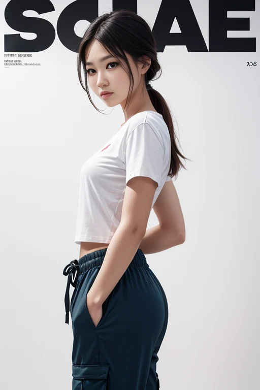 magazine cover, side view, upper-body shot, fashion photography, lens setting a versatile lens that provides a sharp focus on the model, young professional fashion korean woman model, a playful expression on face, eyes stare at the camera, wearing a white color loose-fit T-shirt, washed indigo cargo jogger pants, standing a confident natural pose, all solid white background photo studio, studio lights, deep shadow, high-contrast with highlights textures and tones, perfect body proportions, a detailed description of the face and hands, the details of shoes, resolution for impeccable detail, 