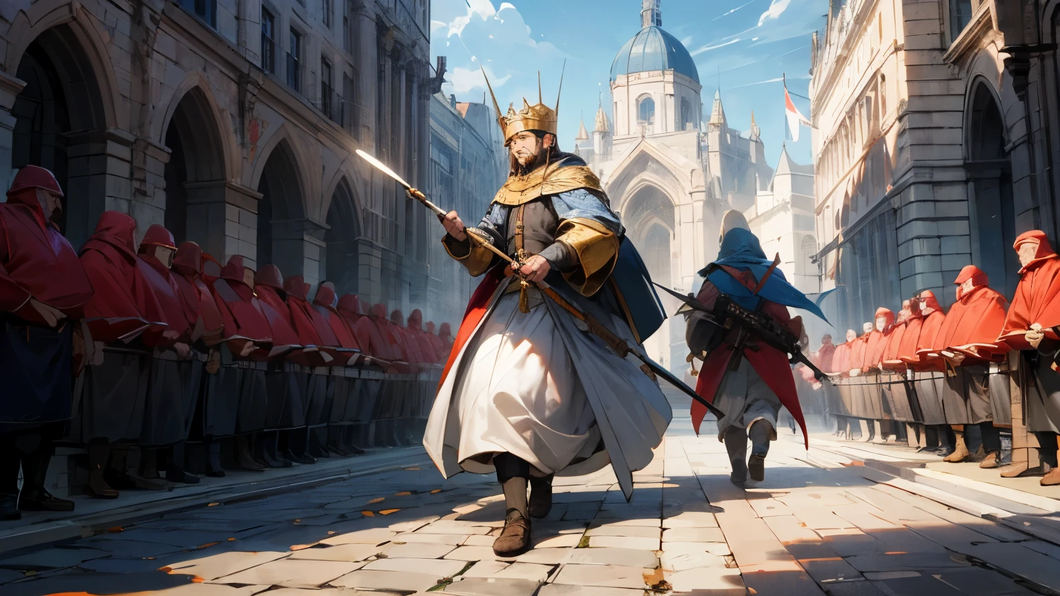 In medieval Europe,Kings send off two Warriors,Two warriors are about to embark on a journey to challenge the devil,The central square of the city was filled with people seeing us off.