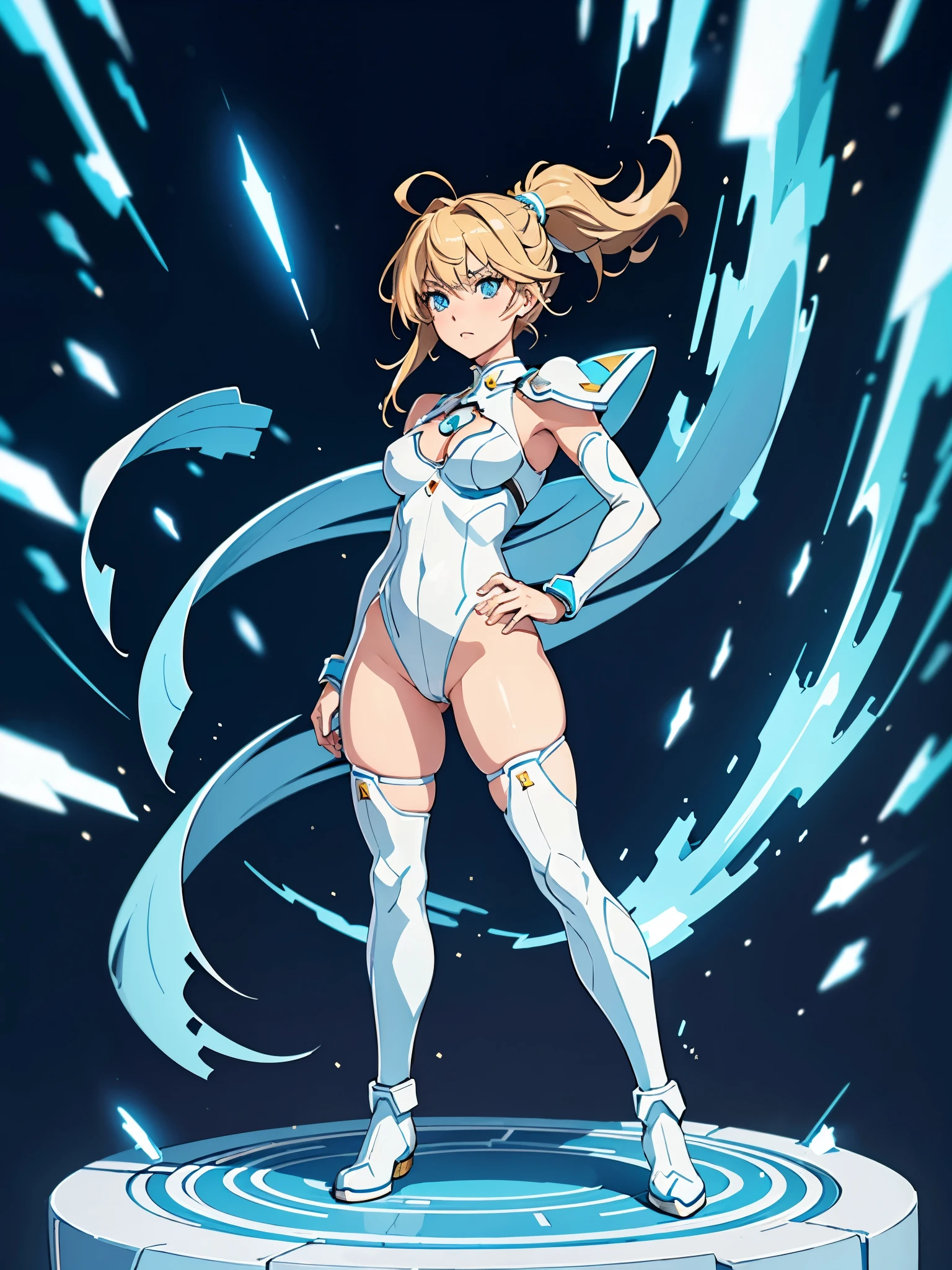 1girl, light blonde hair, aquamarine eyes, boots, breasts, bracelets, cleavage cutout, full body, hair ornament, hairclip, shoulder-length hair, full body with costume, leotard, white leotard with blue accents, bare legs, white stockings, white boots, medium breasts, solo, standing, superhero, (lighting logo on chest), beautiful detailed eyes, beautiful detailed face, age 18, ahoge, full body zenkai! asuka suit, full body portrait, body infused with electricity, diffraction spikes, heroic, standing straight, hands on hip, cowboy shot, factory backdrop