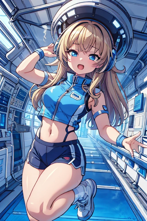 top-quality,Top image quality,in 8K,4K,masterpiece,ultra-detailliert,Beautiful,ultra-quality, best quality,high resolution, ultra-detailed,game cg,dutch angle,(acrobatic pose):5,jumping:5,(inside spacestation,)beautiful detailed eyes,five fingers,headphone,nsfw,a beauty girl,(astrovest):5,(track uniforms),wet,(steam:1.5),Running form,open open mouth,(blonde hair),(long hair):2,Navel,space_station_interior, exercise_room, futuristic, high_technology, zero_gravity_exercise_equipment, high_resolution_landscape, sleek_design, minimalistic, 8K_resolution, game_cg_style, Dutch_angle, detailed_character, track_uniform, perfect_running_form, intense_expression, detailed_eyes, determination, steam:1.5, beauty, strength, five_fingers, visible_navel, open_mouth, ultra_quality, high_resolution, ultra_detailed,astrovest