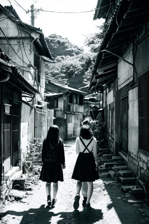 narrow eyes,black and white,Showa,Glasses,girls,adventure,ruins,