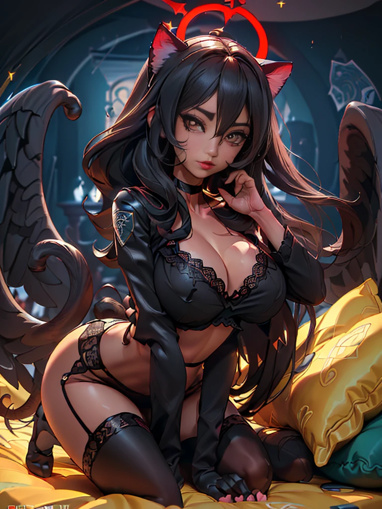 ((Cute pose)), ((kneel down on bed)) ((Sexy, tall beautiful pet catgirll)) ((cat ears, cat tail, cat furr, cat paws, cat feet, cat claws)) ((Big bright yellow cat eyes)) ((dark eyeshadows make up)) ((bright red lipstick)), ((long straight black hair, twin tail hair with bangs covering one eye)) ((big breasts:1.8)) ((slender body:1.3)) ((wear black lace thong lingerie)) ((black lace stocking, long black lace gloves, gsrterbelt)) ((choker)) ((inside bedroom, with many pillows around))((high definition:1.5), ((low intencity lights)) ((masterpiece:1.5))((8k:1.5)) ((Best quality:1.4))