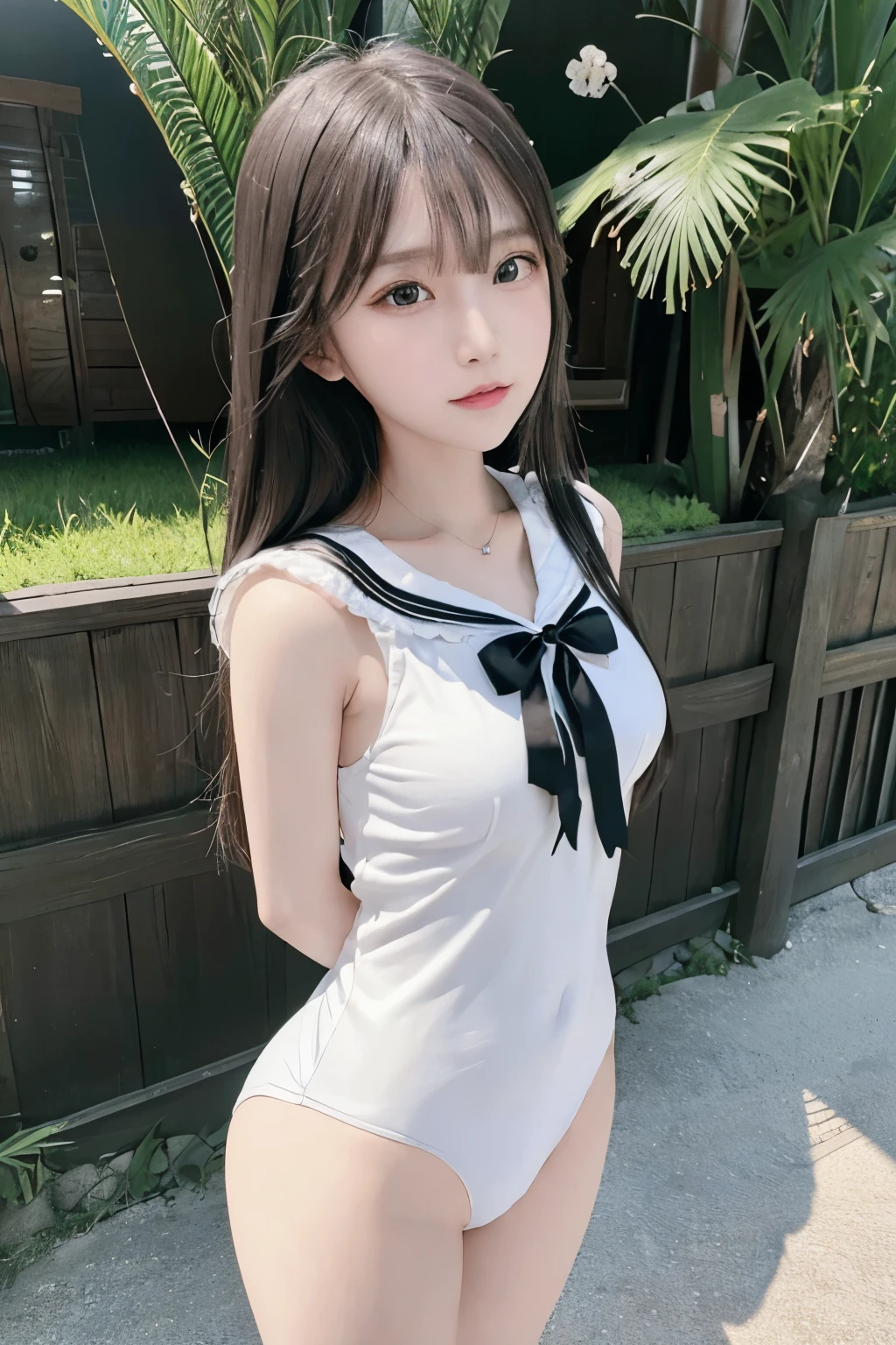 (8K、Raw photo:1.2)、detailed face and eyes、最high quality、ultra high resolution、very detailed、intricate detailaster piece、pretty girl、soft cinematic light、hyper detail、high quality、black hair、short hair、22 year old Japanese、detailed eyes、very beautiful eyeedium chest:1.2)、 (Sailor suit:1.2)、(arms behind back:1.3)