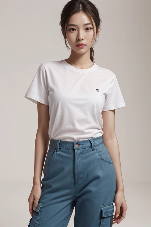 magazine cover, side view, upper-body shot, fashion photography, lens setting a versatile lens that provides a sharp focus on the model, young professional fashion korean woman model, a playful expression on face, eyes stare at the camera, wearing a white color loose-fit T-shirt, washed indigo cargo jogger pants, standing a confident natural pose, all solid white background photo studio, studio lights, deep shadow, high-contrast with highlights textures and tones, perfect body proportions, a detailed description of the face and hands, the details of shoes, resolution for impeccable detail,