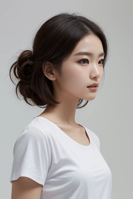 magazine cover, side view, upper-body shot, fashion photography, lens setting a versatile lens that provides a sharp focus on the model, young professional fashion korean woman model, a playful expression on face, eyes stare at the camera, wearing a white color loose-fit T-shirt, washed indigo cargo jogger pants, standing a confident natural pose, all solid white background photo studio, studio lights, deep shadow, high-contrast with highlights textures and tones, perfect body proportions, a detailed description of the face and hands, the details of shoes, resolution for impeccable detail, 