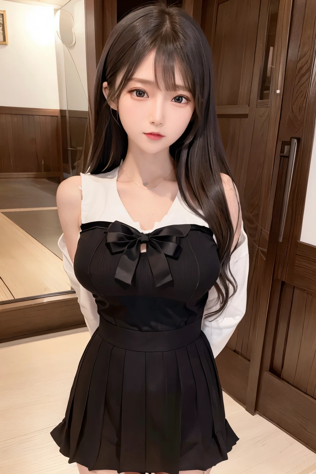(8K、Raw photo:1.2)、detailed face and eyes、最high quality、ultra high resolution、very detailed、intricate detailaster piece、pretty girl、soft cinematic light、hyper detail、high quality、black hair、short hair、22 year old Japanese、detailed eyes、very beautiful eyeedium chest:1.2)、 (Sailor suit:1.3)、(arms behind back:1.3)