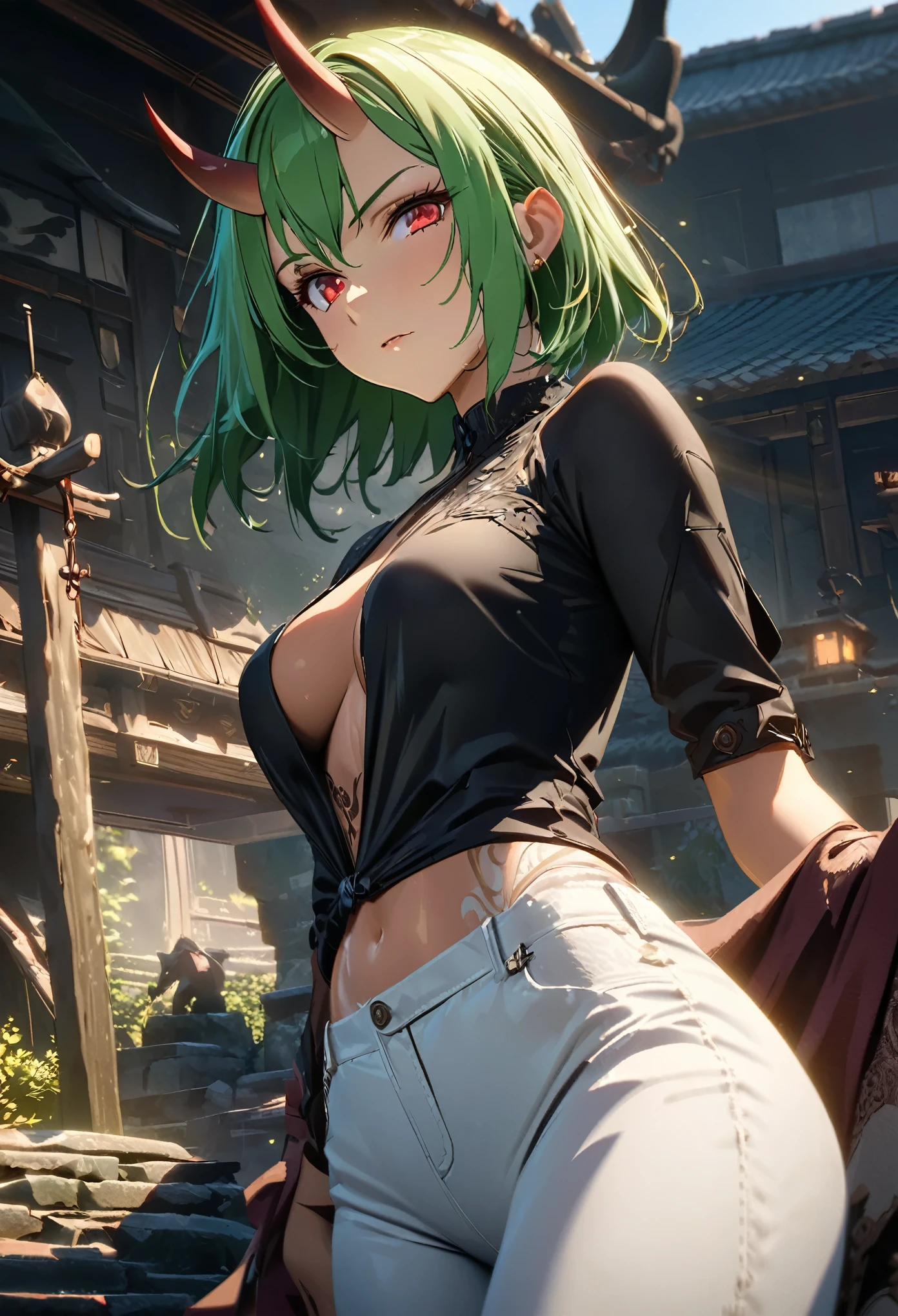 ((solo)), (woman), red eyes, lime green hair, very short hair, straight hair, (sculpted body), medium breasts, thick, (30 year old), demon horns, oni horns, tattoos, demon girl, a close up of a person on a village under the sunrise, detailed key anime art, casimir art, masamune shiro, masamune, beautiful woman in demon slayer art, heise jinyao, shadowverse style, (no logos), (pants, dark shirt), eye reflection, depth of field, cinematic lighting, ray tracing, depth of field, cinematic lighting, ray tracing, UHD, high details, best quality, highres, high quality, award winning, super detail, masterpiece, 8k, UHD, high details, best quality, highres, high quality, award winning, super detail, masterpiece, 8k
