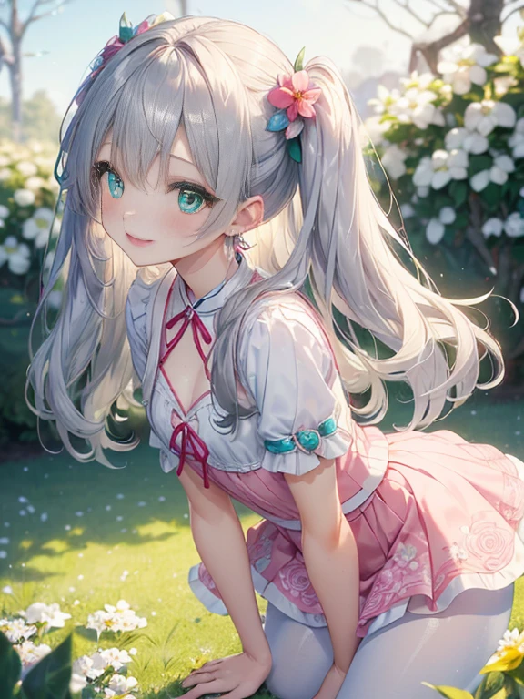 小さなgirl、The arrival of spring、Photograph from the side、backwards、pantyhose、thick thighs、thick thighs、thick thighs、 (alone:1.5,)Super detailed,bright colors, very beautiful detailed anime face and eyes, look straight, ;d, shiny_skin,girl, ((silver long hair,Inner color is red 、forehead is exposed.、green eyes、、shiny hair, delicate beautiful face, blush、(turquoise eyes), White skin, Valletta, earrings,、blue flower field、(((tight、Small in size、Floral pink outfit、white mini skirt)))、twin tails、smile、happy face、face dyed red、crawl on all fours