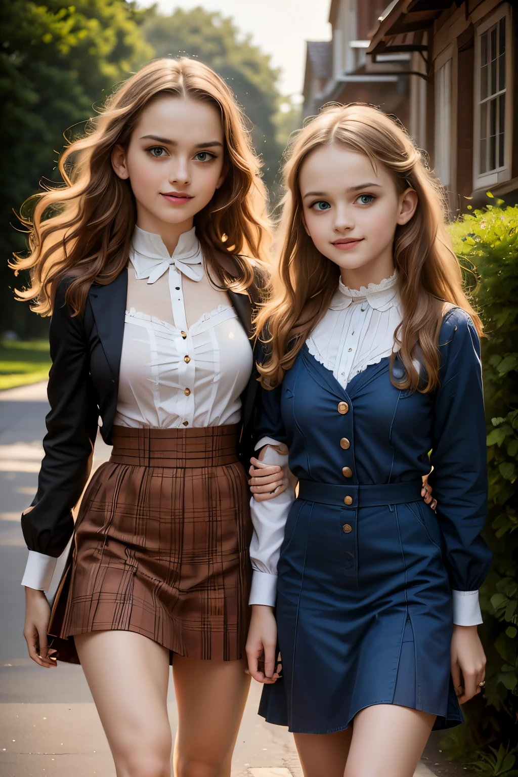 two girls, (Virginia Otis,  (blond hair, blue eyes)) pose with (16 years oldald (blond hair, green eyes)). Victorian style. thin, cute face, walks at night in Canterville Castle (inspired by the novel The Canterville Ghost). aged 1887, Victorian fantasy