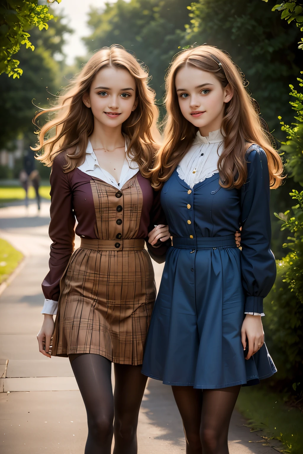 two girls, (Virginia Otis, 15 years old (blond hair, blue eyes)) pose with (16 years old Georgie Gerald (blond hair, green eyes)). Victorian style. thin, cute face, walks at night in Canterville Castle (inspired by the novel The Canterville Ghost). aged 1887, Victorian fantasy