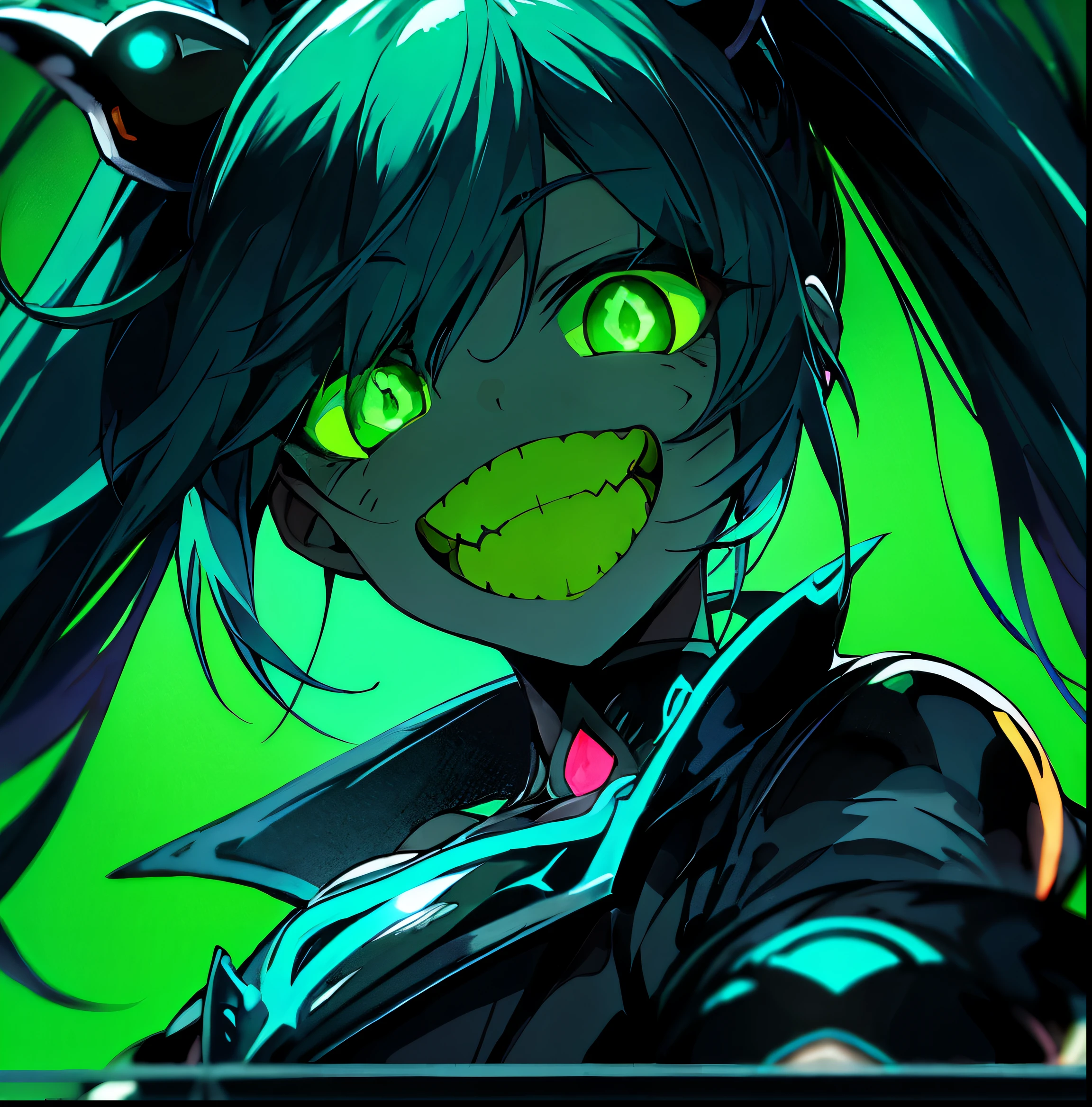 un primer plano de una persona con una cara espeluznante y ojos verdes, [[[[sonrisaning evily]]]], sonrisa maligna and glowing eyes, sonrisa malvada, evil sonrisa, sonrisa, epic anime style, wicked sonrisa, evil smile, foto de perfil 1024px, trigger anime art style, con ojos brillantes, nocturno, sonrisa maligna