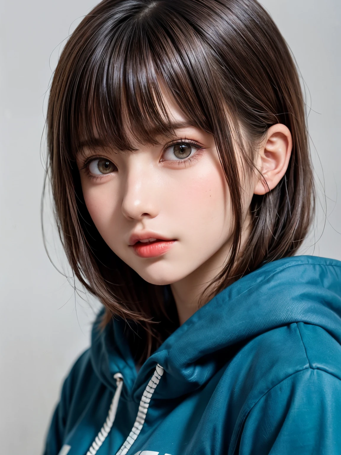 1 girl, alone, alone focus, cowboy shot, portrait, oversized hoodie, aqua green and white hoodie, half aqua, half green, ((brown hair)), (yellow hair), (gradient hair :1.5), curly hair, ((pink eyes)), highly detailed eyes, tan, (dark caramel skin:1.1), highest quality, Super detailed, white background, simple background