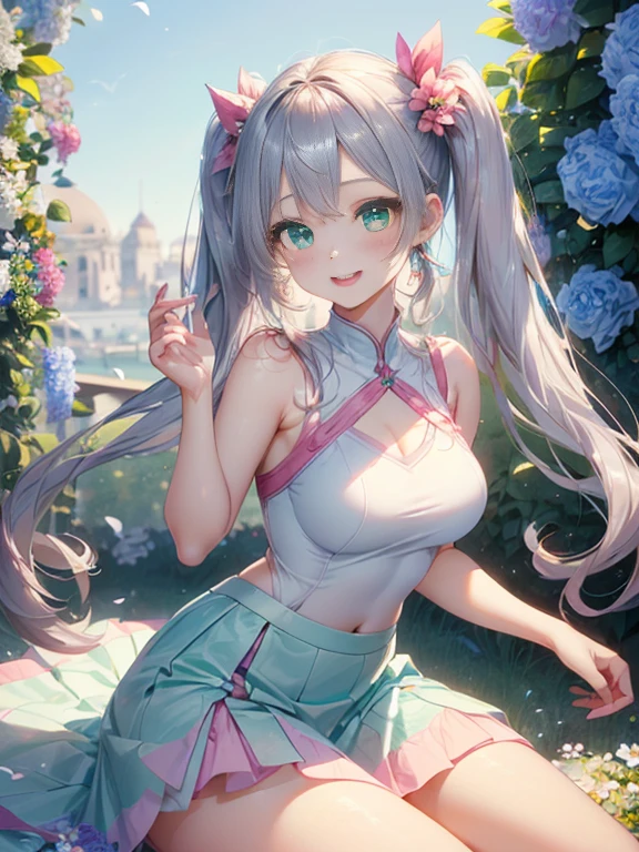 小さなgirl、The arrival of spring、thick thighs、thick thighs、 big ass、(alone:1.5,)Super detailed,bright colors, very beautiful detailed anime face and eyes, look straight, ;d, shiny_skin,girl, ((silver long hair,Inner color is red 、forehead is exposed.、green eyes、、shiny hair, delicate beautiful face, blush、(turquoise eyes), White skin, Valletta, earrings,、blue flower field、(((Floral leotard、white mini skirt)))、twin tails、smile、happy face、face dyed red