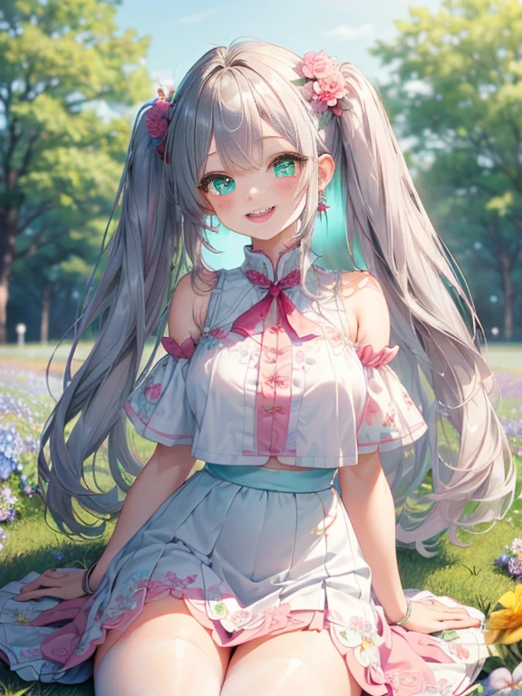 小さなgirl、The arrival of spring、thick thighs、thick thighs、 big ass、(alone:1.5,)Super detailed,bright colors, very beautiful detailed anime face and eyes, look straight, ;d, shiny_skin,girl, ((silver long hair,Inner color is red 、forehead is exposed.、green eyes、、shiny hair, delicate beautiful face, blush、(turquoise eyes), White skin, Valletta, earrings,、blue flower field、(((Floral pink outfit、white tight skirt)))、twin tails、smile、happy face、face dyed red