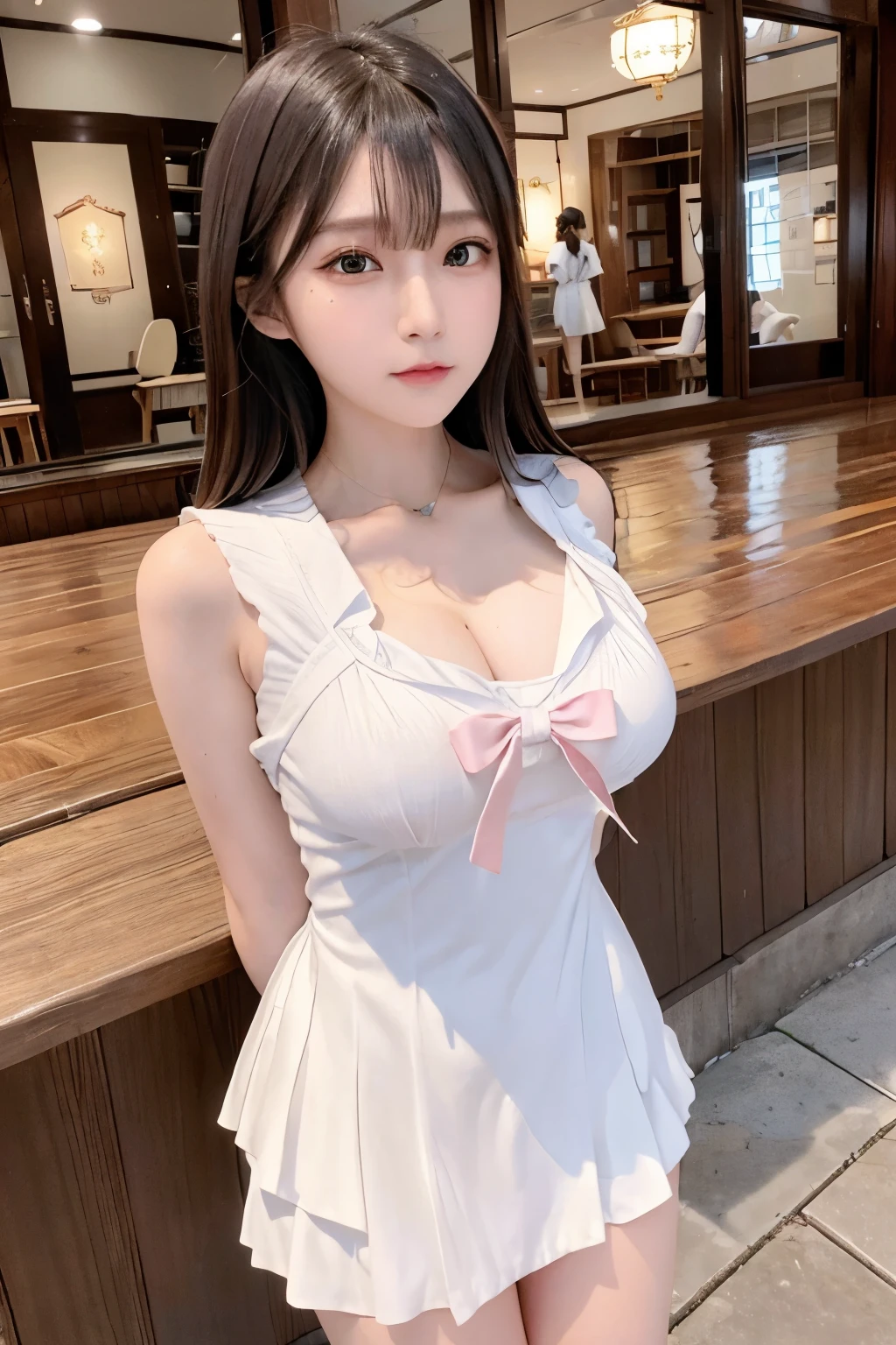 (8K、Raw photo:1.2)、detailed face and eyes、最high quality、ultra high resolution、very detailed、intricate detailaster piece、pretty girl、soft cinematic light、hyper detail、high quality、black hair、short hair、22 year old Japanese、detailed eyes、very beautiful eyeedium chest:1.2)、 (Sailor suit:1.3)、(arms behind back:1.3)、、high school