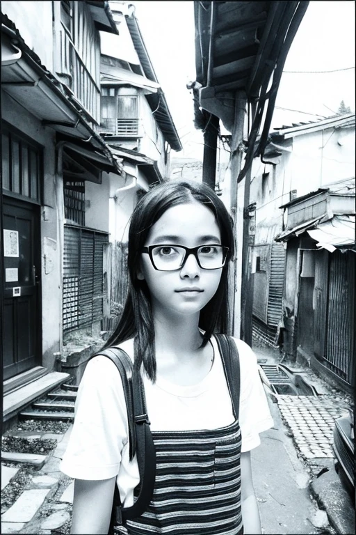 narrow eyes,black and white,Showa,Glasses,girls,adventure,ruins,drawing picture,