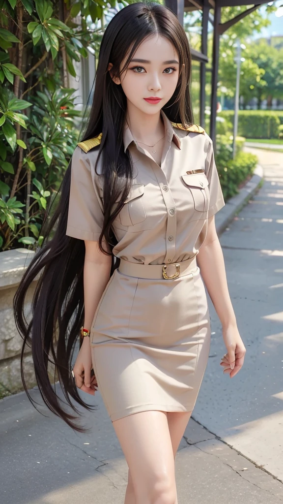 Khaki suit, khaki civil servant, Thai teacher uniform:1.3, Beautiful girl with extra long hair, Two meter long hair, Long hair that catches the eye, long black hair, Her hair is very long., Long, shiny hair, Long, thick, soft hair, Extra long hair, Dynamic posts, like full body, Short sleeve shirtสีกากี, short pencil skirtสีกากี, black high heels, The sexiest, small waist, hips raised, small thighs, Long legs, big breastsโต, big breasts:1.5, big breast, Very big breasts, Eye-catching breasts, Large breasts pierce the shirt, Not completely covered, big breast, Huge breast, Big tits D, สาวTwo meter long hair, Beautiful face, red lips, Very shiny, Decorate a beautiful face, Military rank insignia, short pencil skirt, tight, Short sleeve shirt, tight fitting, in the background, blurred garden. ultra short skirt, , Focus on short skirts, standing mannequin, walk, straight face, Open the top button., Standing in front of the flagpole, In front of the school gate, highest resolution, sharpness, HDR, CG, 16K, สาวสวยในKhaki suit, khaki civil servant, Thai teacher uniform:1.3, Beautiful girl with extra long hair, Two meter long hair, Long hair that catches the eye, long black hair, Her hair is very long., Long, shiny hair, Long, thick, soft hair, Extra long hair, Dynamic posts, like full body, Short sleeve shirtสีกากี, short pencil skirtสีกากี, black high heels, The sexiest, small waist, hips raised, small thighs, Long legs, big breastsโต, big breasts:1.5, big breast, Very big breasts, Eye-catching breasts, Large breasts pierce the shirt, Not completely covered, big breast, Huge breast, Big tits D, สาวTwo meter long hair, Beautiful face, red lips, Very shiny, Decorate a beautiful face, Military rank insignia, short pencil skirt, tight, Short sleeve shirt, tight fitting, in the background, blurred garden. ultra short skirt, , Focus on short skirts, standing mannequin, walk, straight face, Open the top button., Standing in front of the flagpole, In front of the school gate
