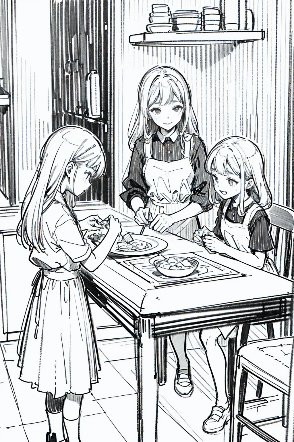 Line art. ((Sketch)). Black and white. An anime style photo. A girl sweating preparing her dish in kitchen, meanwhile the table is set and her children waiting politely at the tables. There were 3 childrean waiting. She is smiling.