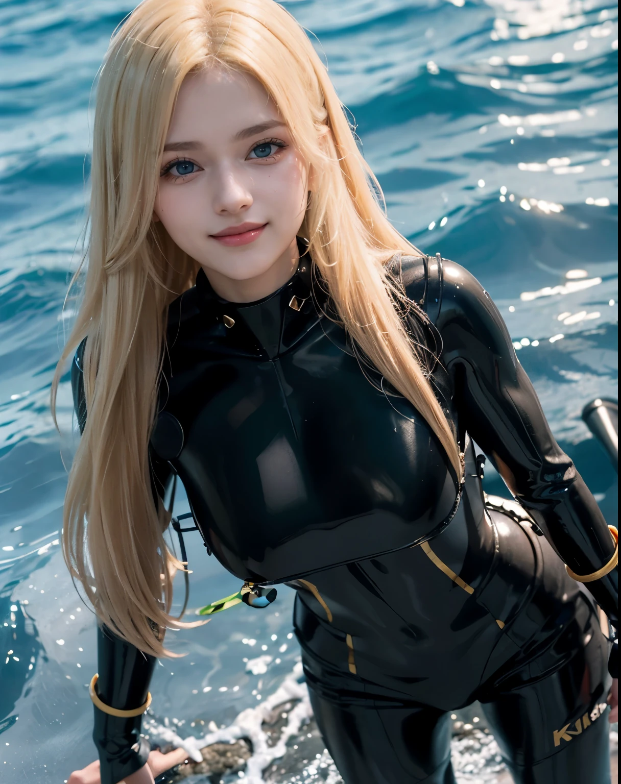 1girl, (Blue Eyes), (smiling :1.2), (Sana Minatozaki), (beautiful makeup :1.2), wide hips, Big tits, big ass, toned legs, shiny body, (Best Quality, 8k, Masterpiece: 1.3), Clear Focus: 1.2, Perfect Body Beauty: 1.4, strong abs, Highly detailed face and skin texture, detailed eyes, double eyelids, (blond long straight hair :1.2), (black diving suit :1.3), (black snorkel), diver, standing, walking, coming out of the sea, on the beach, sea in the background