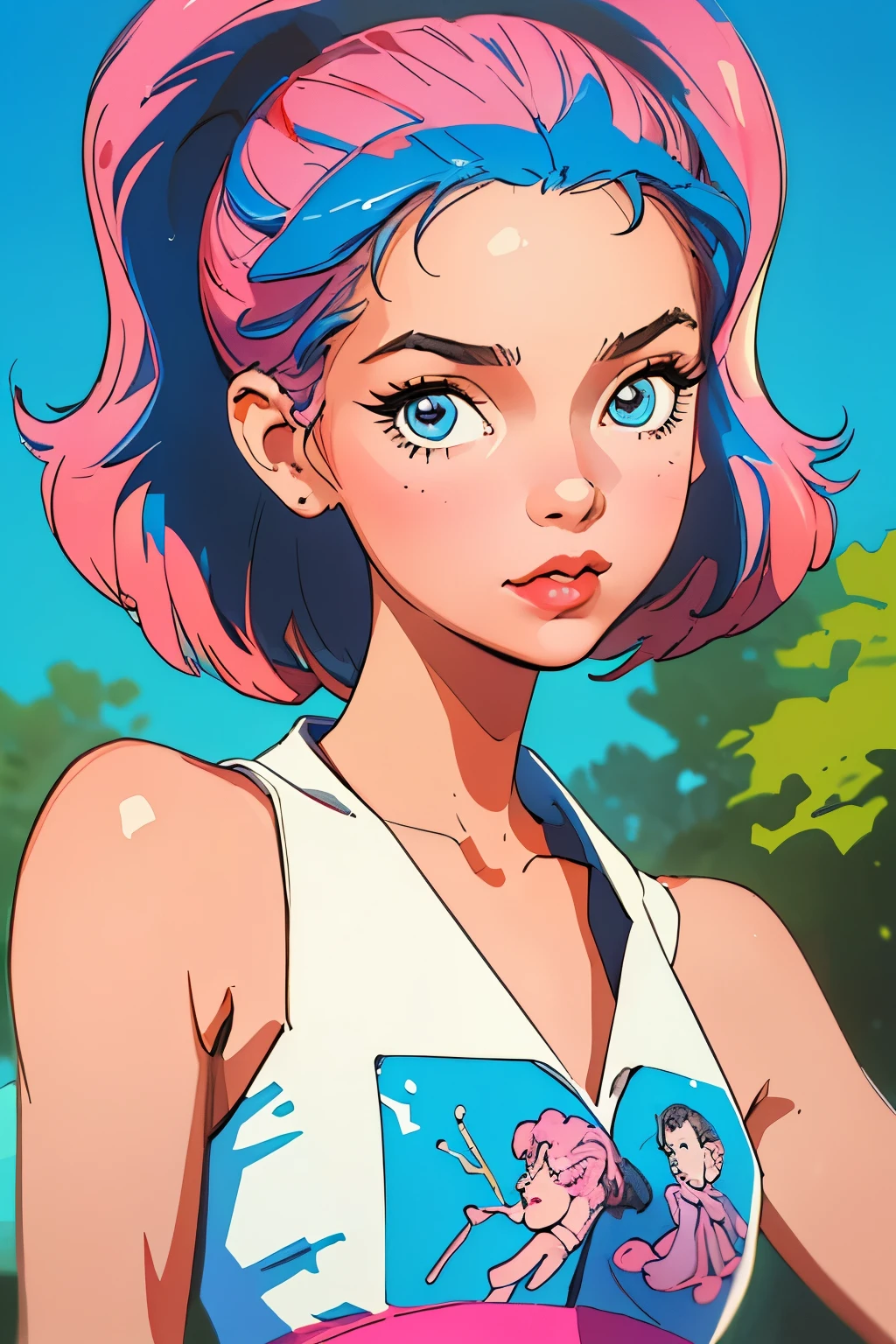 (best quality, masterpiece), 1girl, 1980s \(style\), looking at viewer, pinup \(style\), upper body,