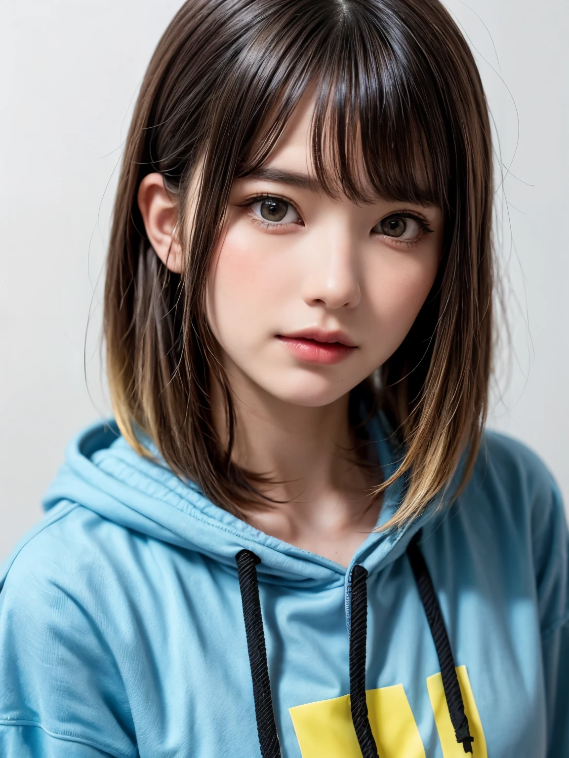 1 girl, alone, alone focus, cowboy shot, portrait, oversized hoodie, aqua green and white hoodie, half aqua, half green, ((brown hair)), (yellow hair), (gradient hair :1.5), curly hair, ((pink eyes)), highly detailed eyes, tan, (dark caramel skin:1.1), highest quality, Super detailed, white background, simple background