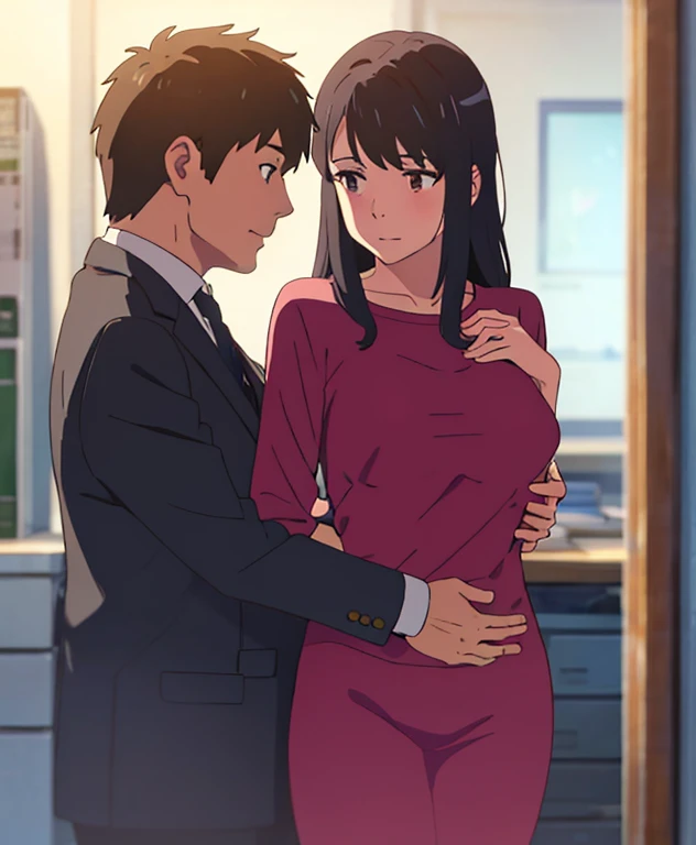 shinkai makoto, kimi no na wa., 1middle age man, wrinkle face, black hair,bangs swept to the right side, office suit, middle aged man caressing girl's body, kiss cheeks, passionate hug, boy is hugging from behind, chestgrope from behind, middle aged man is touchig girl's chest, hold chest, 1girl, nude, bangs, black hair, brown eyes, Twisted Half Up Hair, red ribbon, long hair, nipples, medium breast, storage room, indoors, masterpiece, perfect anatomy, cowboyshot