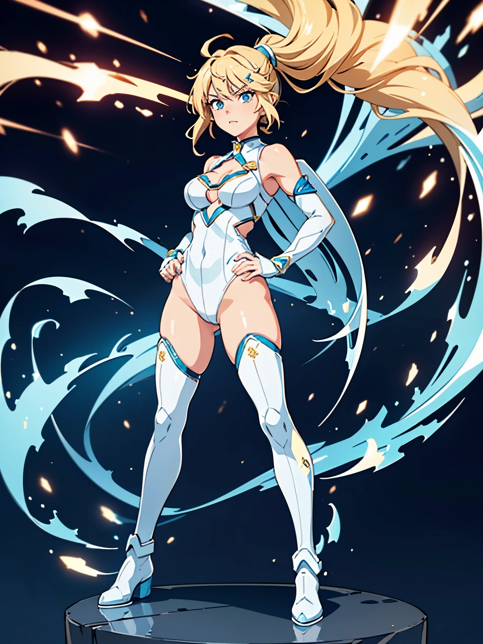 1girl, light blonde hair, aquamarine eyes, boots, breasts, bracelets, cleavage cutout, full body, hair ornament, hairclip, shoulder-length hair, full body with costume, leotard, white leotard with blue accents, bare legs, white stockings, white boots, medium breasts, solo, standing, superhero, (lighting logo on chest), beautiful detailed eyes, beautiful detailed face, age 18, ahoge, full body zenkai! asuka suit, full body portrait, body infused with electricity, diffraction spikes, heroic, standing straight, hands on hip, cowboy shot, factory backdrop