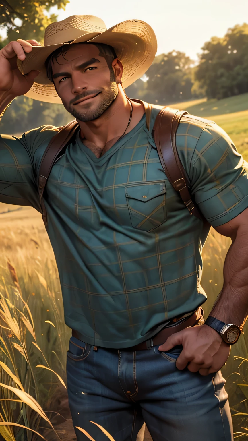 An award-winning original photo,A wild muscular man, (30 years old daddy:1.1), 1boy, Solo, (blue T jeans, open plaid shirt), (cowboy hat) (big shoulders), muscular, short hair, stubbles, Short beard, Beautiful eyes:1.3, ), (Detailed face:1.3), smiles, Dynamic Angle, volumetric lighting, (Best quality, A high resolution, Photorealistic), Cinematic lighting, Masterpiece, RAW photo, Intricate details, hdr, depth of field, paddyfield in the background, from above, golden sunshine