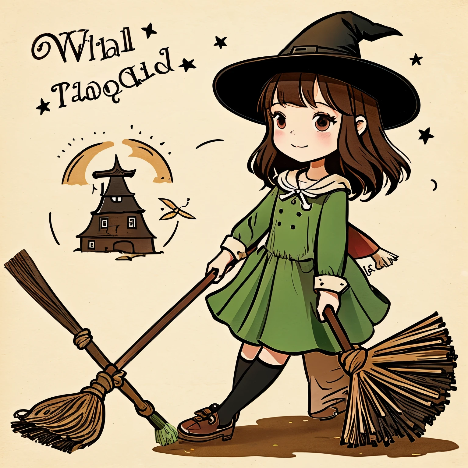 A cute drawing of a witch traveling the world on a broomstick