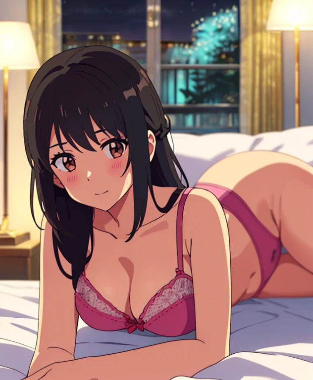 shinkai makoto, kimi no na wa., 1girl, bangs, black hair, brown eyes, waterfall braid, red ribbon, long hair, solo, blush, looking at the viewer, arms up, sexy pose, cute, bedroom, night, lamp, light off, light pink bra, breast, medium breast, light pink panties, masterpiece,