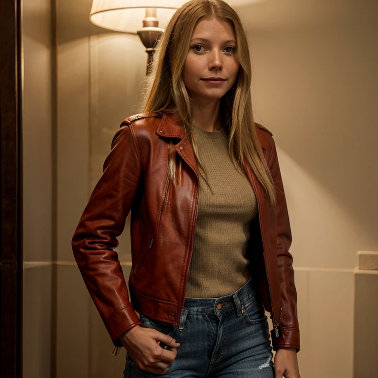 Gwyneth Paltrow dressed in red leather jacket and ripped jeans