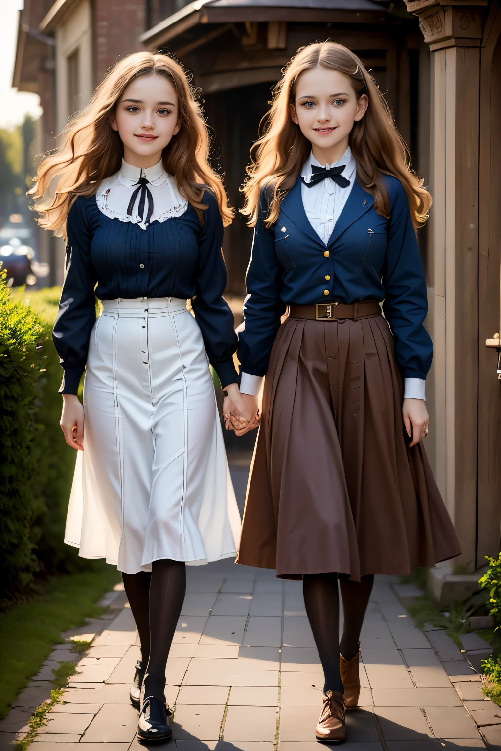 two girls, (Virginia Otis,  (blond hair, blue eyes)) pose with (16 years oldald (blond hair, green eyes)). Victorian style. thin, cute face, walks at night in Canterville Castle (inspired by the novel The Canterville Ghost). aged 1887, Victorian fantasy