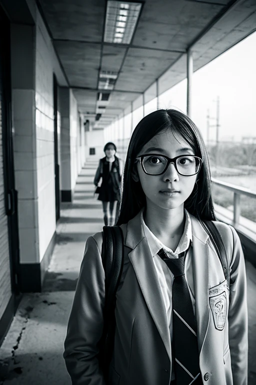 narrow eyes,black and white,Showa,Glasses,girls,adventure,School ruins,
