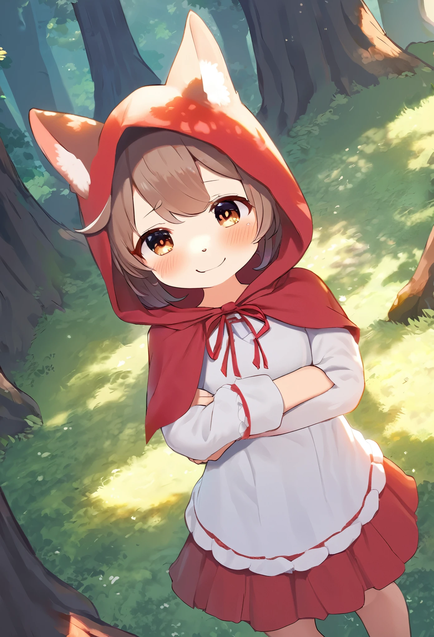 cover page, top quality, best quality, High-quality illustrations, masterpiece, absurdres, perfect anatomy(cute 1girl, solo, furry, kemono)Red Riding Hood, forest, Sleep on the side, looking at Viewer, embarrassed, smile:0.2, blush, good lighting, cinematic shadow, from above,