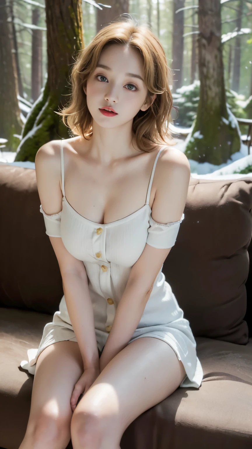 (((best quality, 8 thousand, masterpiece:1.4)), (20 year old woman), masterpiece, distinct, highres, high_quality, wide_shot, small_face, absurdly_short_hair, female, sagging_breasts, balancing, stretching, gentle_face, bare_shoulders, center_opening, downblouse, (blonde wavy very long hair), (Sitting alone in the deep snowy forest), (C-com saggy breasts), winter forest, winter:1.3, big eyes:1.3,