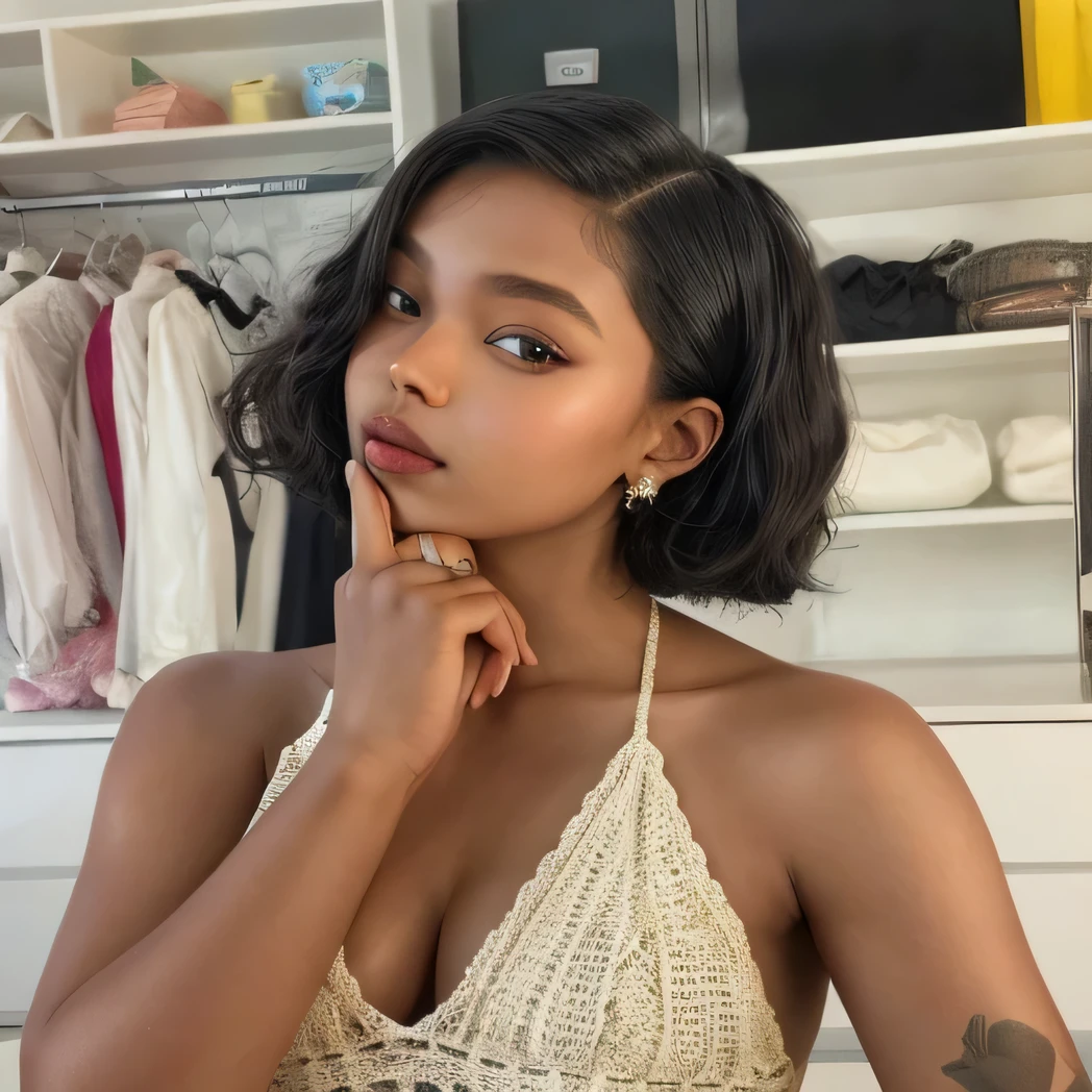 tem uma mulher posando para uma foto em uma sala, no estilo de Tyler Mitchell, com cabelo curto, Retrato de Sophie Mudd, sensual lips :5 elegante, photo no estilo de Tyler Mitchell, com pele morena, maria borges, bralette, Zendaya, suave em _ o fundo, olhar sensual, with shiny black lips