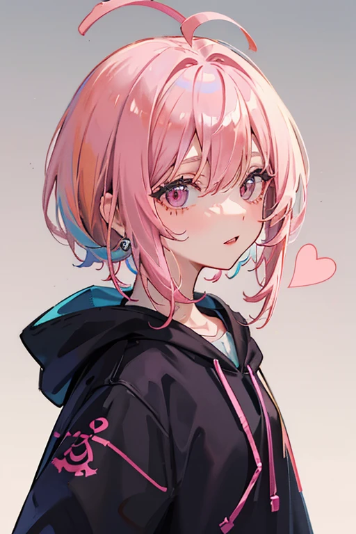 hoodie, pink hair, baby face, hair behind ear, hood up, mole under eye, eyeball, hoop earrings, colored inner hair, bob cut, heart ahoge, anime, tachi-e, close-up, from side, UHD, high details