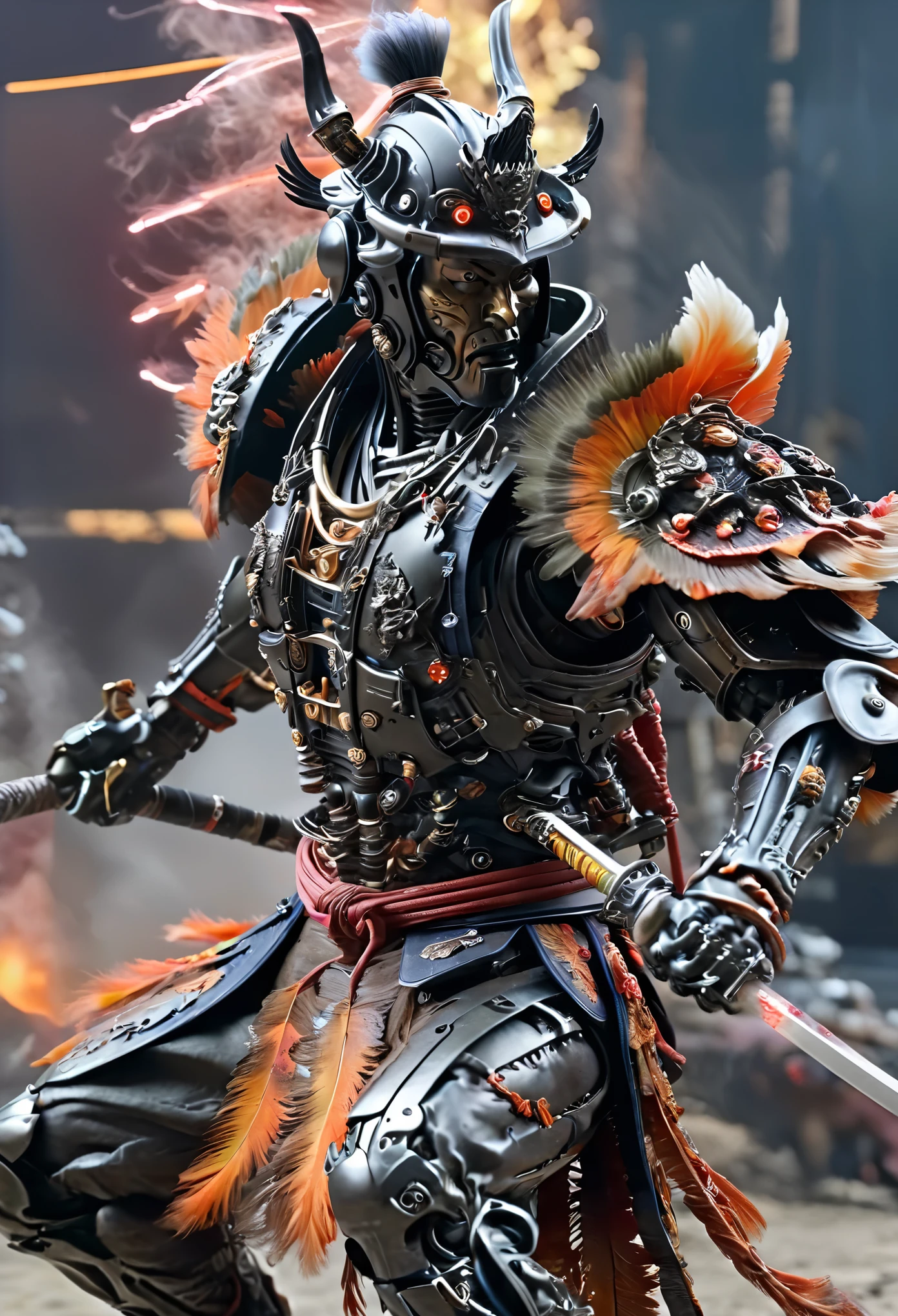 cyborg samurai like creature in action and unleashing an attack against enemies, fw murano style, plumes of jet black plumes smokes, vibrant colour blast, incredibly detailed, dark, key visuals, atmospheric, highly realistic, high detail texture, ray tracing