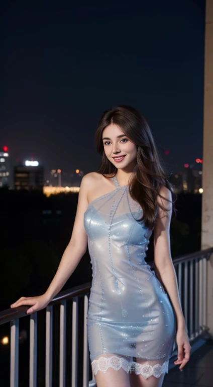 8K, masterpiece, Raw photo, highest quality, realistic, extremely detailed CG unity 8K wallpaper, Depth of the bounds written, cinematic light, Lens flare, ray tracing, (very beautiful face, beautiful lips, beautiful eyes), face with intricate details, ((highly detailed skin)) 1 girl, in the dark, deep shadow, pretty girl, (very slim slender fit-muscled body:1.3), ((looking at the viewer)),(big smile:1.3), clear eyes, front shot, (pale skin), (Big eyes), look forward, (upper body shot), (brown hair), open the navel, (looking at the viewer:1.3), (very slim), medium breasts, blue lace gown, lace stockings, see through gown, cityscape, rooftop , dim light, blurred background, big window, (night)), (open chest), balcony