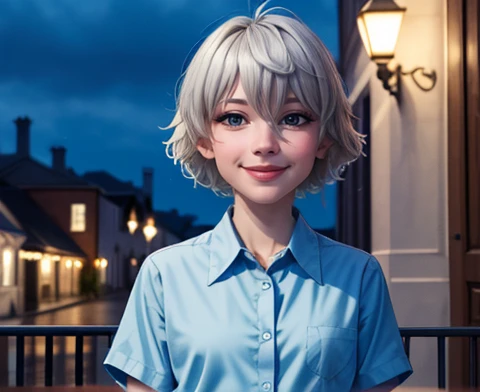 (8k, Best quality, Masterpiece: 1.2), (real, reality: 1.37), Very detailed, 1 girl, cute, Single, Beautiful detailed sky, Bespoke cafe, a night, He sits, history, ( Nose blush), (He smiles: 1.15), (Mouth closure) Small breasts, Beautiful details, (Collared shirt: 1.1), a night, sick, Business wear, rain, White lace, (short hair: 1.2), floating hair novafrogstyle,