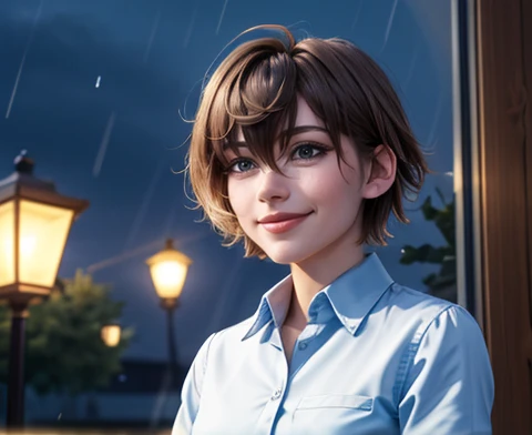 (8k, Best quality, Masterpiece: 1.2), (real, reality: 1.37), Very detailed, 1 girl, cute, Single, Beautiful detailed sky, Bespoke cafe, a night, He sits, history, ( Nose blush), (He smiles: 1.15), (Mouth closure) Small breasts, Beautiful details, (Collared shirt: 1.1), a night, sick, Business wear, rain, White lace, (short hair: 1.2), floating hair novafrogstyle,