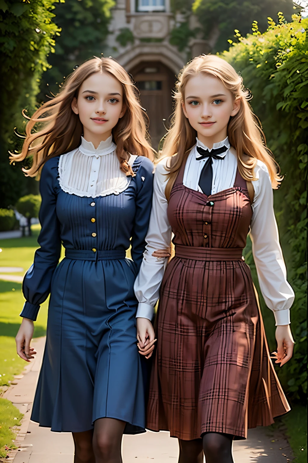 two girls, (Virginia Otis, 15 years old (blond hair, blue eyes)) pose with (16 years old Georgie Gerald (blond hair, green eyes)). Victorian style. thin, cute face, walks at night in Canterville Castle (inspired by the novel The Canterville Ghost). aged 1887, Victorian fantasy
