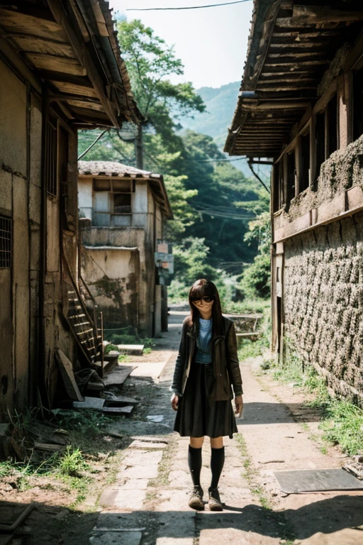 desolation,ruins,end of the century.narrow eyes,Showa,Glasses,girls,adventure,