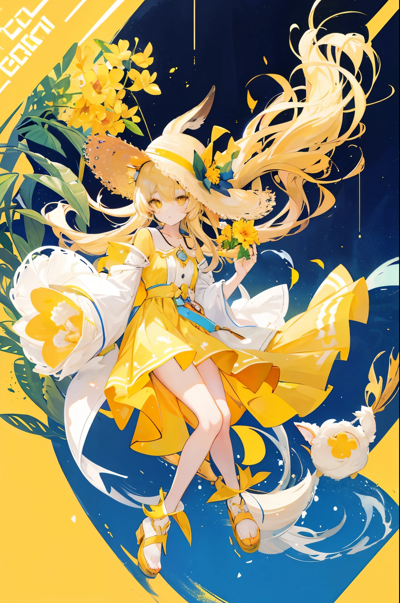 Character design, full body, blonde girl, yellow goat eyes, colorful modern summer clothes, interesting design, goat ears, light background, straw hat