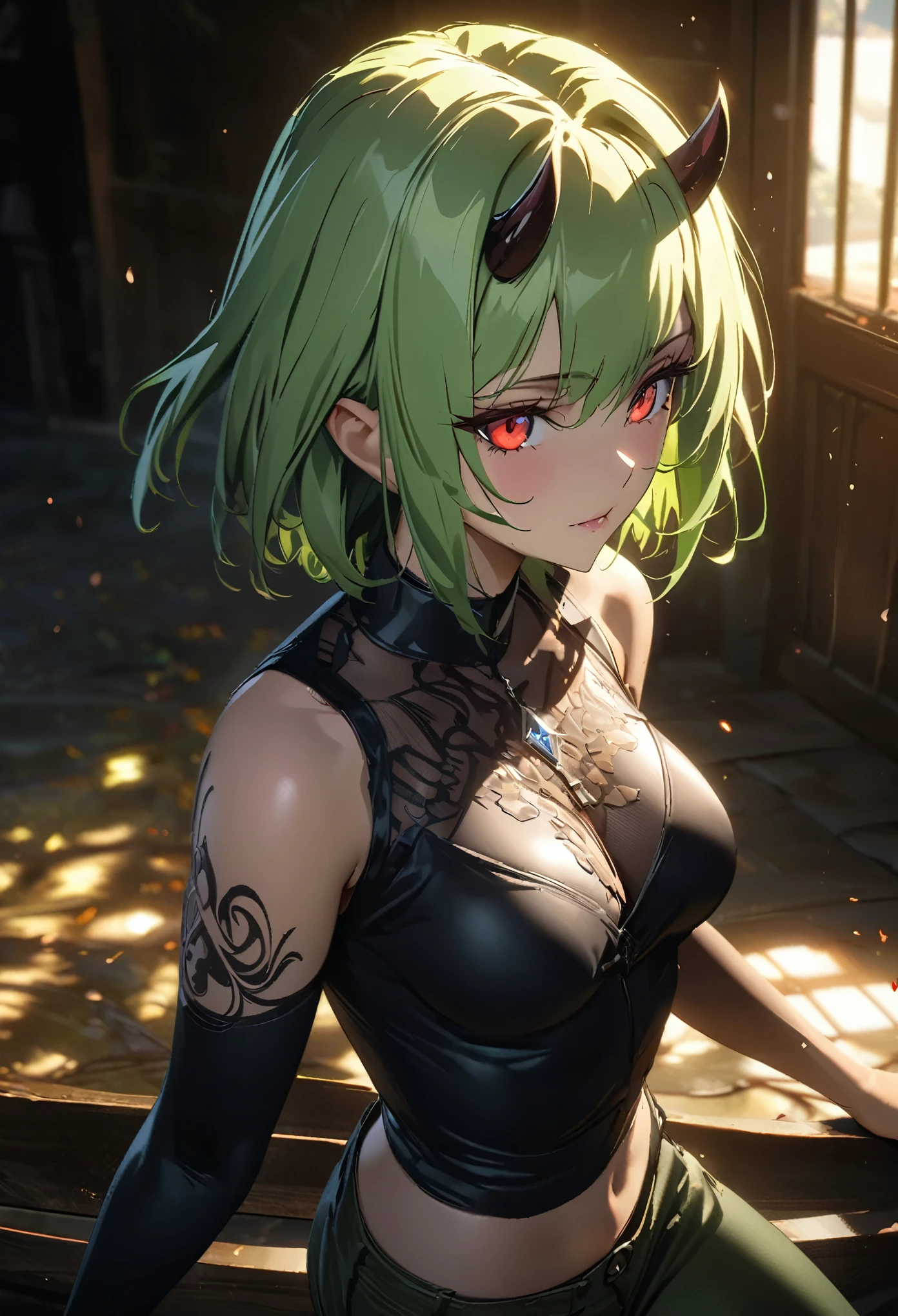 ((solo)), (woman), red eyes, lime green hair, very short hair, straight hair, (sculpted body), medium breasts, thick, (30 year old), demon horns, oni horns, tattoos, demon girl, a close up of a person on a village under the sunrise, detailed key anime art, casimir art, masamune shiro, masamune, beautiful woman in demon slayer art, heise jinyao, shadowverse style, (no logos), (pants, dark shirt), eye reflection, depth of field, cinematic lighting, ray tracing, depth of field, cinematic lighting, ray tracing, UHD, high details, best quality, highres, high quality, award winning, super detail, masterpiece, 8k, UHD, high details, best quality, highres, high quality, award winning, super detail, masterpiece, 8k
